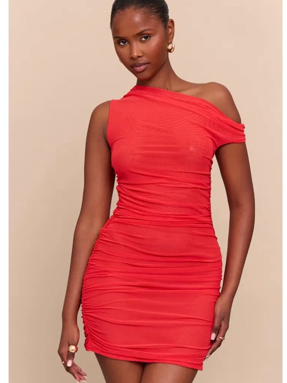 SHEIN Red One-Shoulder Ruched Evening Dress